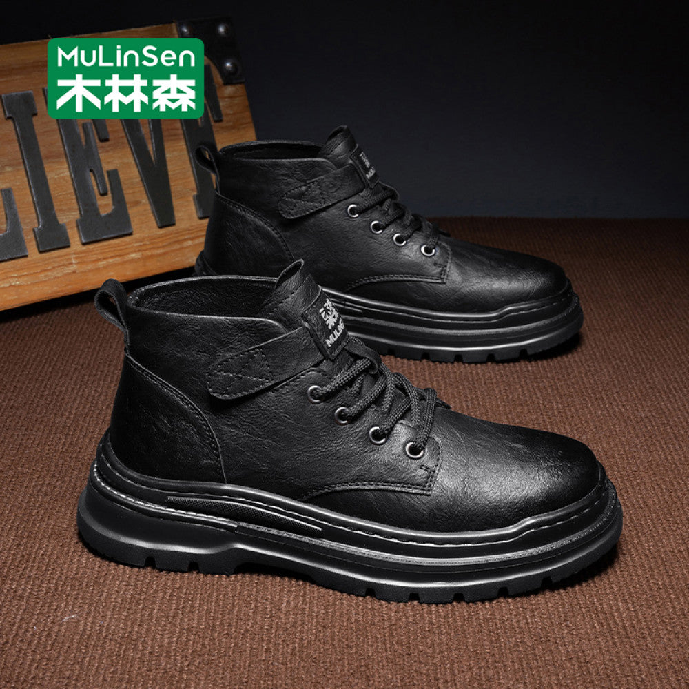 Mulinsen high top shoes men s 2025 new spring and autumn casual leather shoes mid top workwear Martin boots winter British men s shoes