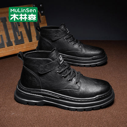 Mulinsen high top shoes men s 2025 new spring and autumn casual leather shoes mid top workwear Martin boots winter British men s shoes