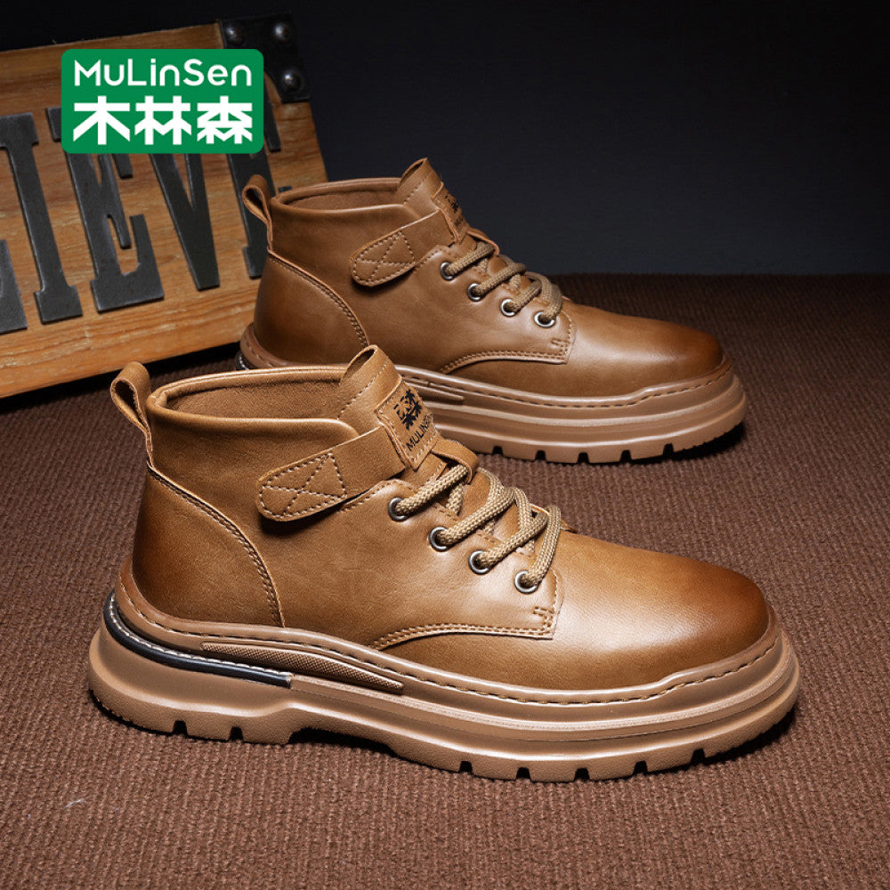 Mulinsen high top shoes men s 2025 new spring and autumn casual leather shoes mid top workwear Martin boots winter British men s shoes