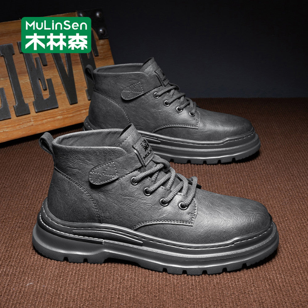 Mulinsen high top shoes men s 2025 new spring and autumn casual leather shoes mid top workwear Martin boots winter British men s shoes