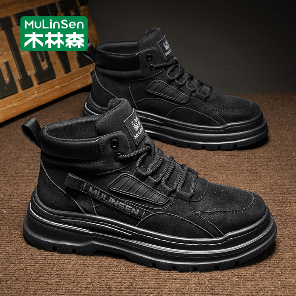 Mulinsen high top shoes men s 2025 new spring and autumn casual leather shoes mid top workwear Martin boots winter British men s shoes