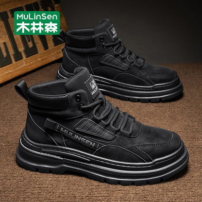 Mulinsen high top shoes men s 2025 new spring and autumn casual leather shoes mid top workwear Martin boots winter British men s shoes