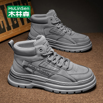 Mulinsen high top shoes men s 2025 new spring and autumn casual leather shoes mid top workwear Martin boots winter British men s shoes