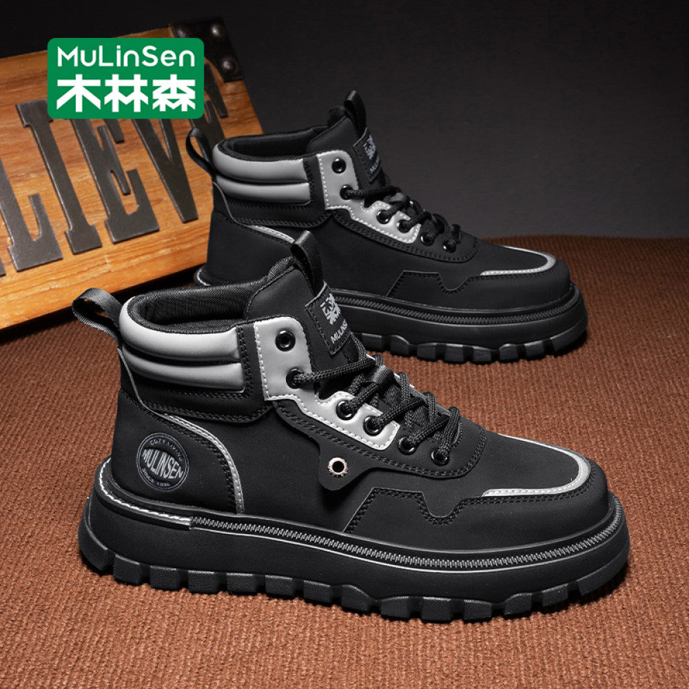 Mulinsen high top shoes men s 2025 new spring and autumn casual leather shoes mid top workwear Martin boots winter British men s shoes image 25