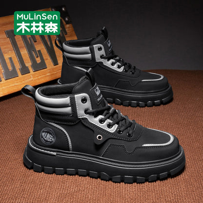 Mulinsen high top shoes men s 2025 new spring and autumn casual leather shoes mid top workwear Martin boots winter British men s shoes image 25