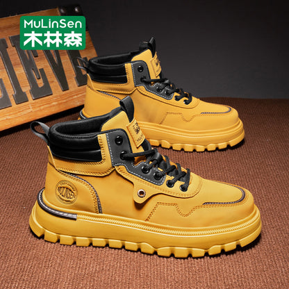 Mulinsen high top shoes men s 2025 new spring and autumn casual leather shoes mid top workwear Martin boots winter British men s shoes image 47