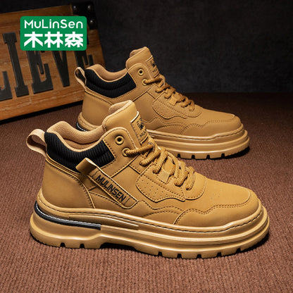 Mulinsen high top shoes men s 2025 new spring and autumn casual leather shoes mid top workwear Martin boots winter British men s shoes