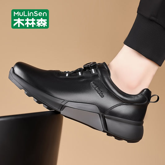 Wooden Forest Men s Shoes Spring and Autumn All Black Versatile Knob Sports Shoes Men s Head Layer Cowhide Walking Soft Bottom Casual Leather Shoes