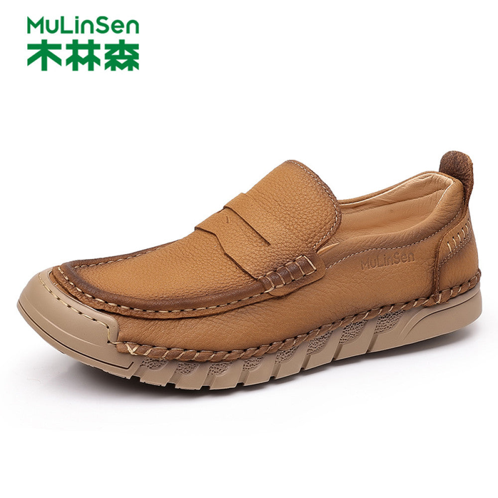 Mulin Sen leather shoes men s 2025 new summer top layer cowhide men s shoes business casual soft sole one foot kick dad shoes image 3