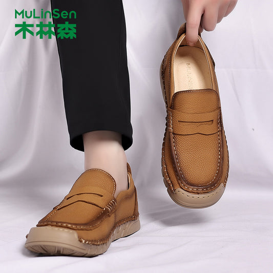 Mulin Sen leather shoes men s 2025 new summer top layer cowhide men s shoes business casual soft sole one foot kick dad shoes