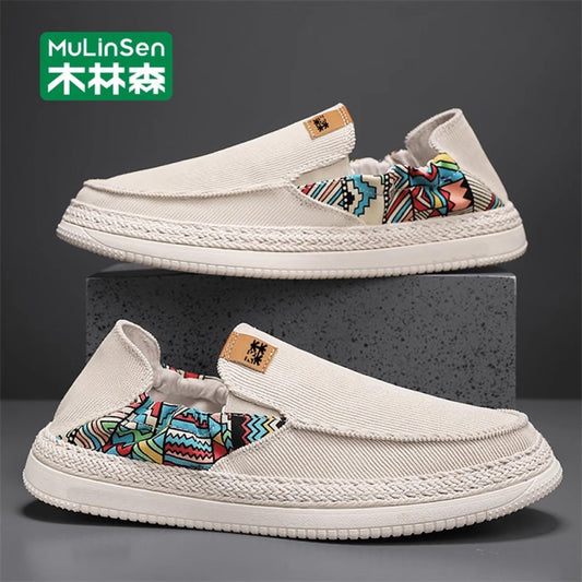 Wooden Forest Canvas Shoes for Men 2025 New Summer Breathable Soft Bottom Lazy One Step Boarding Shoes Driving Casual Trendy Shoes