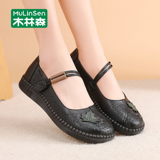 Mulinsen mother s single shoes women s 2025 super hot new summer middle aged and elderly leather shoes soft soles do not tire feet old Beijing shoes