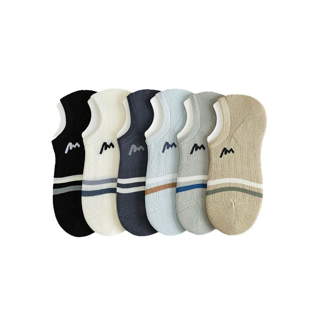Socks men summer letter M boneless stitching invisible boat socks two bar striped short socks men exposed ankle wearing cotton image 5
