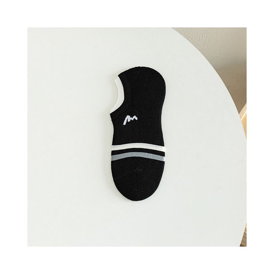 Socks men summer letter M boneless stitching invisible boat socks two bar striped short socks men exposed ankle wearing cotton