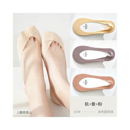 Ice silk cotton bottom boat socks for women anti slip and non falling heels summer thin design ultra shallow mouth low top single shoes high heels invisible socks