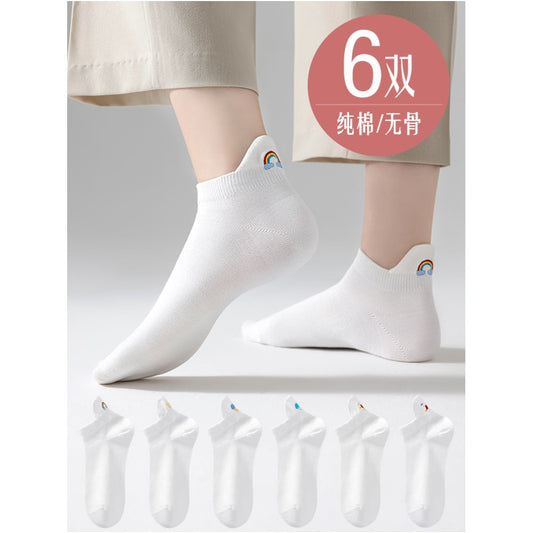 Hengyuanxiang socks women s summer thin pure cotton boneless boat socks whiteembroider antibacterial sweat absorbent deodorizing filter short socks